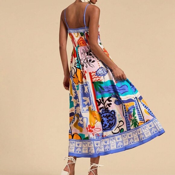 Multicolor Boho Women's Vacation Woven Printed Spaghetti Strap Dress - Picture 2 of 6